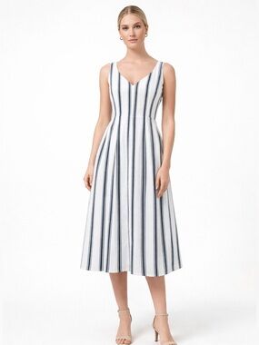 L.K. Bennett Reby Dress 8 Blue White Stripe Fit & Flare Summer Midi Preppy